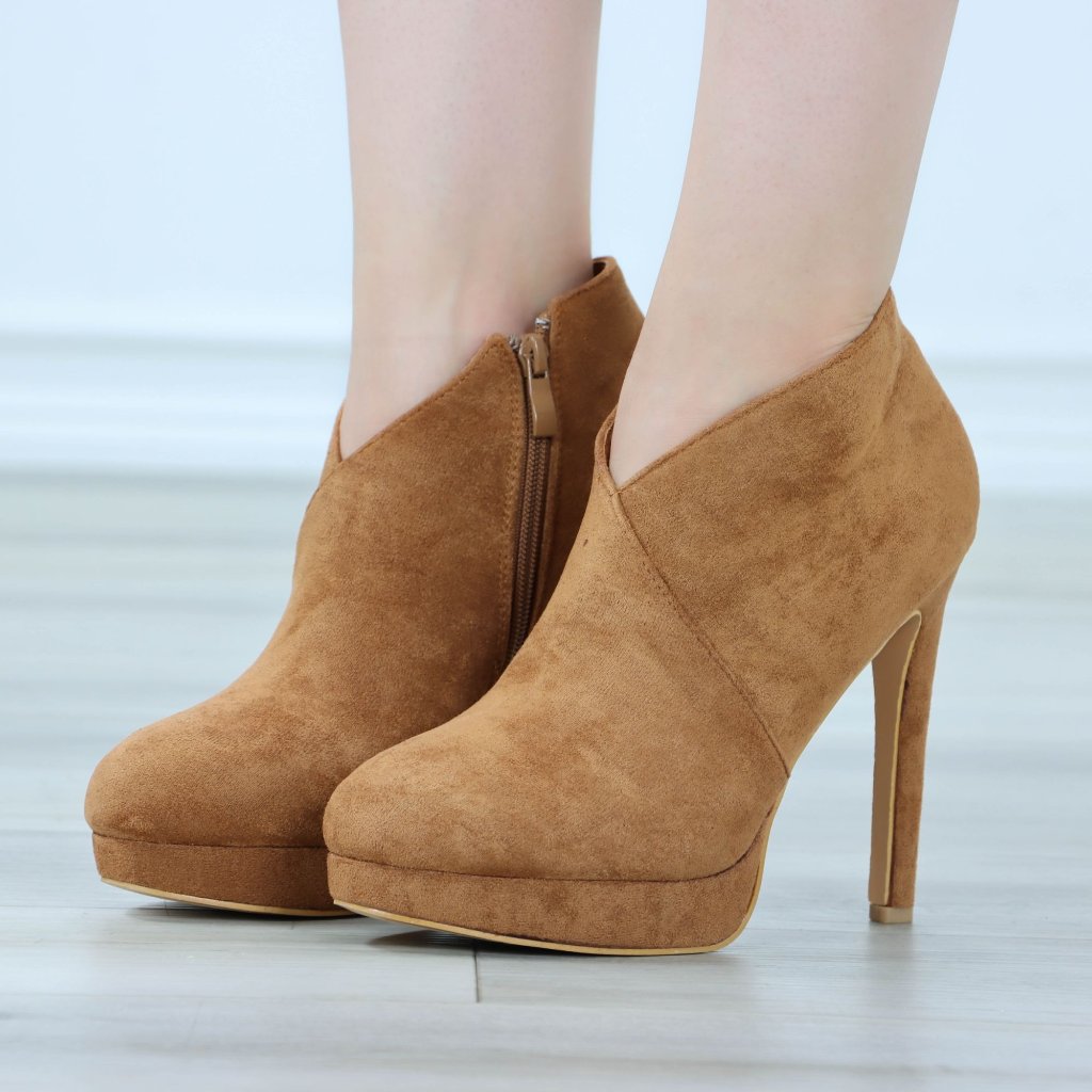 Tan Suede High Heel Ankle Boots Round Toe Stiletto Zip Closure
